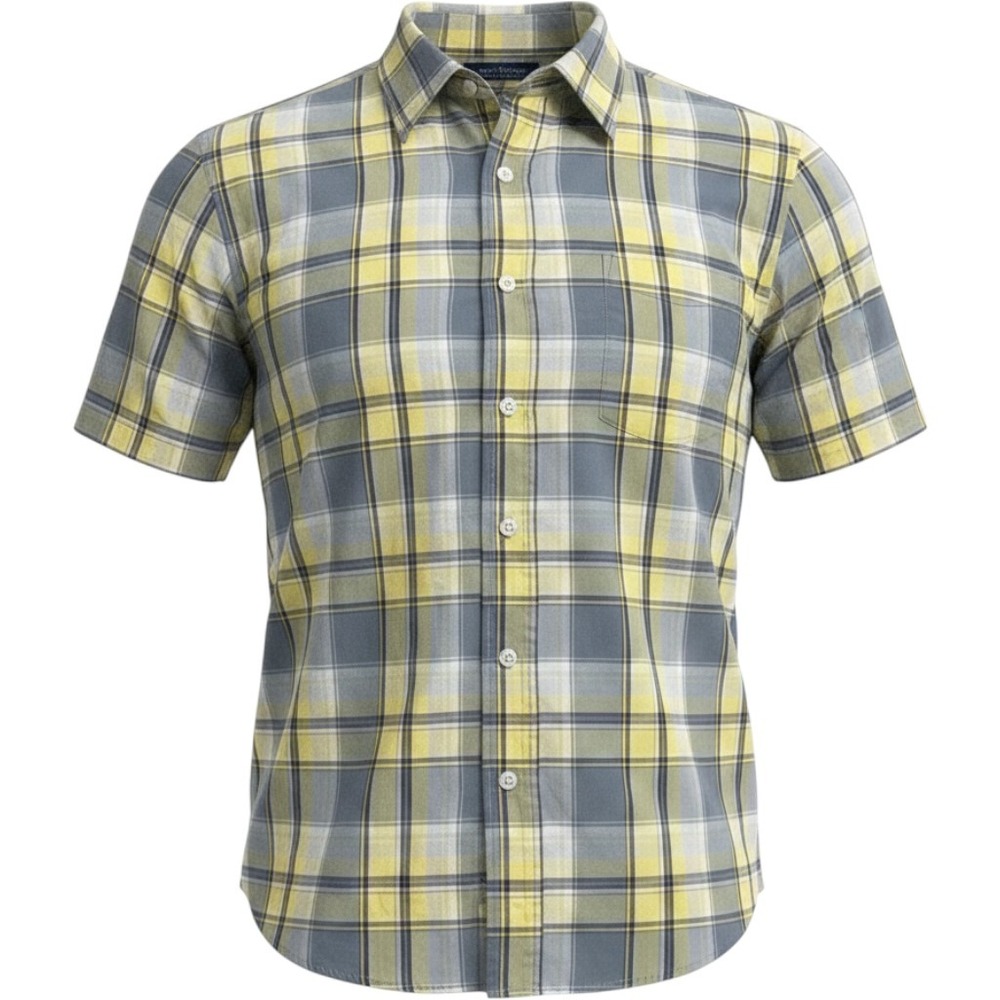 Sonoma Plaid Shirt Mens XL Yellow Grey Short Sleeve Button Front Casual Classic